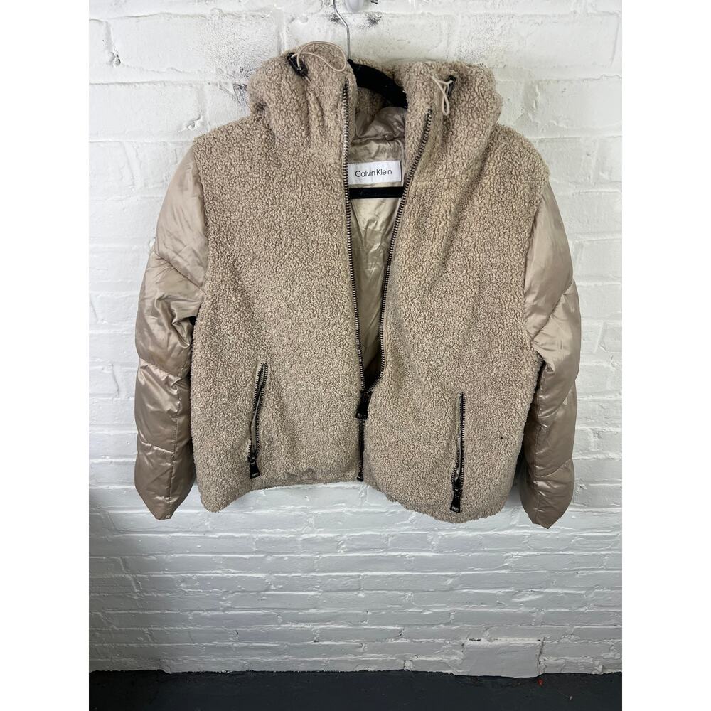 Calvin Klein Women's Sherpa Mixed Media Hooded Puffer Jacket Gold Size Medium